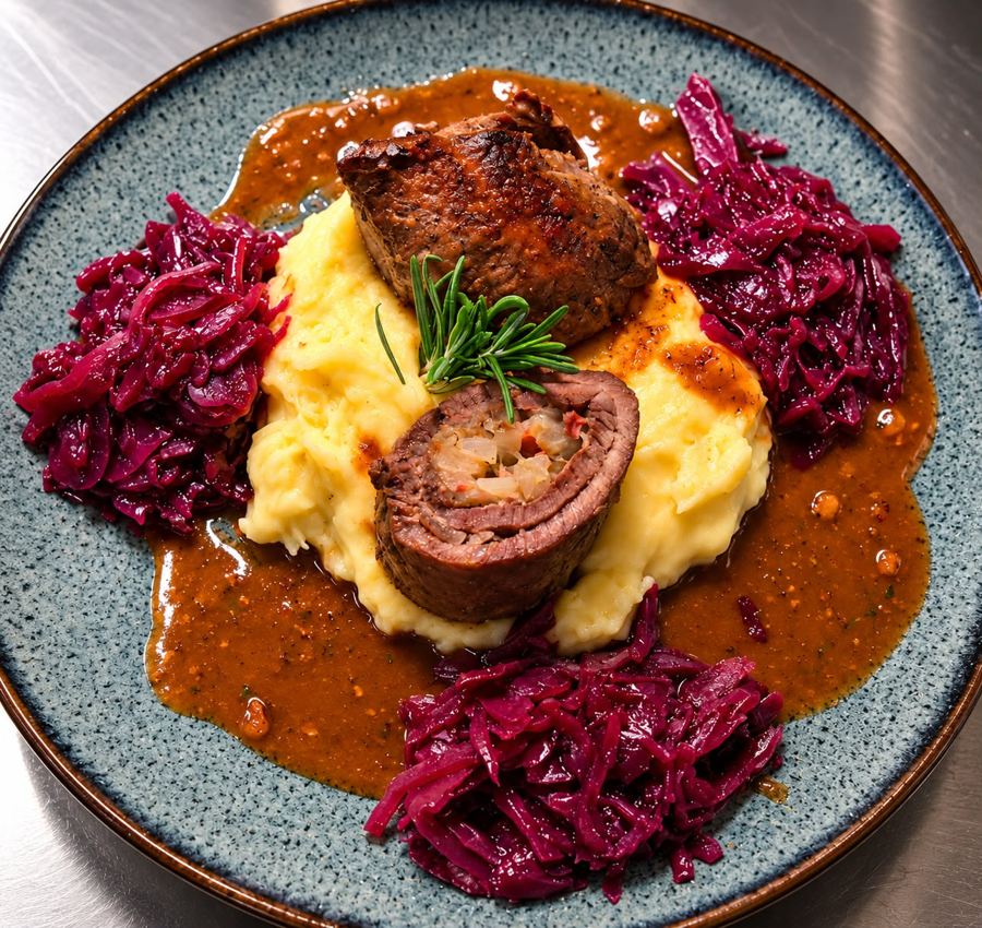 Rinderroulade mit Rotkohl und Kartoffelpüree